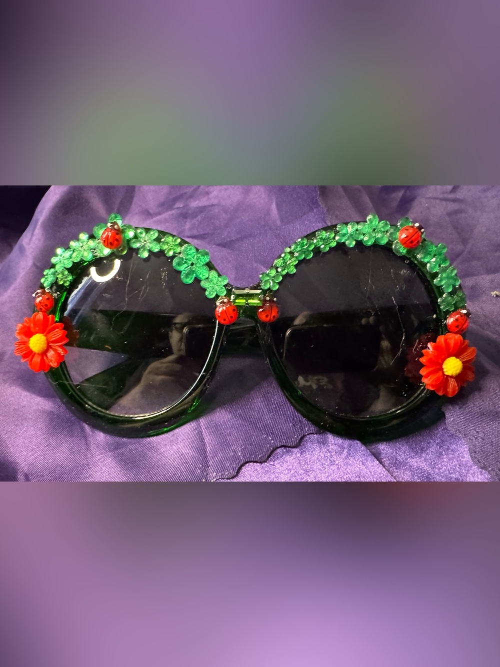 Green Jeweled Ladybug Accent over sized round Sunglasses - Women Accessories
